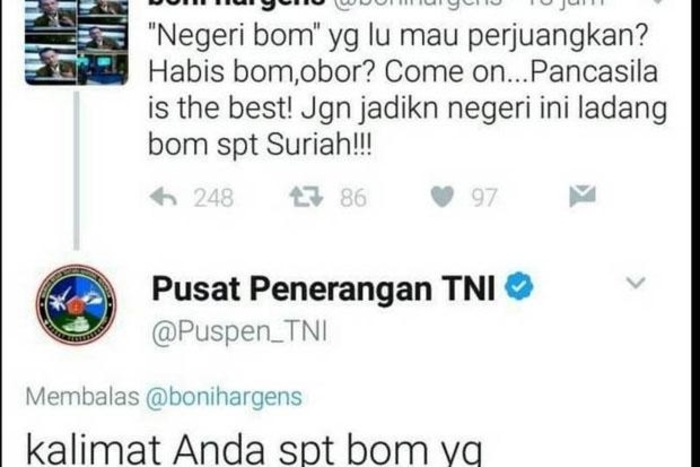 Puspen TNI Menegur Kicau Boni Hargens