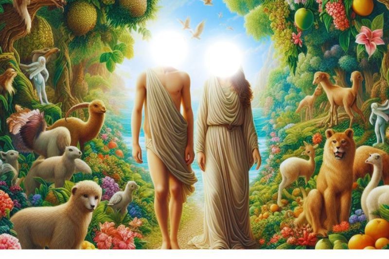 Ilustrasi Kisah Nabi Adam dan Siti Hawa yang sedang berada di dalam surga