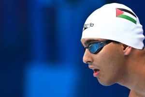 Perenang Palestina Yazan Al Bawwab bersiap untuk berlaga di kategori 100 meter gaya bebas dalam Olimpiade Tokyo 2020 di Pusat Akuatik Tokyo, Jepang, pada 27 Juli 2021.