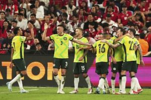 Timnas Australia merayakan gol Jackson Irvine ke gawang Timnas Indonesia, Kamis (20/3/2025) (c) AP Photo/Mark Baker