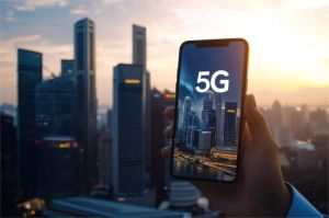 menara telekomunikasi 5G dengan latar langit biru dan kota modern