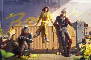 Poster Free Fire yang mencakup karakter Maxim (kiri), Kelly (tengah), dan Hayato (kanan).(Garena)