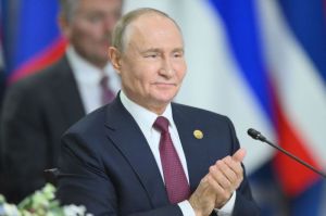 Presiden Rusia Vladimir Putin saat menghadiri Konferensi Tingkat Tinggi atau KTT BRICS di Kota Kazan, Rusia, Rabu (23/10/2024).(RIA NOVOSTI/STANISLAV KRASILNIKOV via BRICS RUSSIA 2024)
