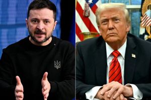 Kolase foto Presiden Ukraina Volodymyr Zelensky (kiri) saat di Brussels pada 19 Desember 2024, dan Presiden Amerika Serikat Donald Trump (kanan) di Washington DC pada 10 Februari 2025.