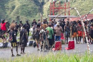 Prosesi ritual adat belah kayu doli yang dilakukan guna menyudahi konflik pilkada yang berlangsung selama enam bulan antara kedua paslon bupati dan wakil bupati di Puncak Jaya, Papua Tengah,
