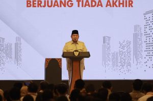 Presiden Prabowo Subianto menyampaikan sambutan pada Kongres IV Tunas Indonesia Raya (Tidar) di Jakarta, Sabtu (17/5/2025).