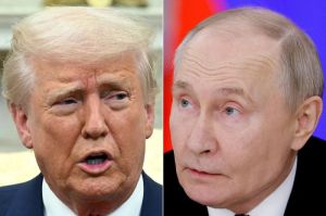 Presiden Amerika Serikat Donald Trump (kiri) saat di Oval Office, Gedung Putih, 13 Maret 2025, dan Presiden Rusia Vladimir Putin (kanan) ketika di Kremlin, Moskwam 13 Maret 2025.