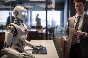 ilustrasi robot AI berdiri di depan layar data digital