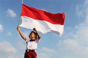ilustrasi warga Indonesia tersenyum dengan latar bendera merah putih dan alam