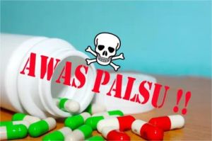 ilustrasi obat palsu dengan tanda larangan