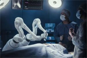 dokter mengoperasikan robot bedah canggih di ruang operasi modern