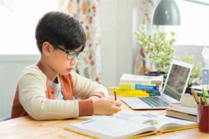 siswa belajar menggunakan laptop di rumah dengan suasana fokus dan nyaman
