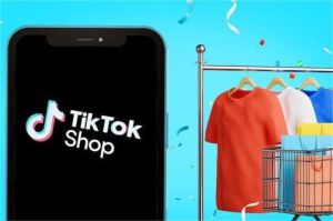 ilustrasi tampilan TikTok Shop di ponsel dengan ikon keranjang belanja aktif