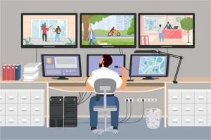 ilustrasi petugas memantau konten digital di ruang kontrol Kominfo