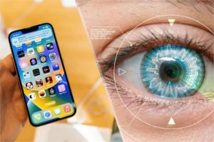 ilustrasi fitur pelacak mata di iPhone terbaru dengan pengguna mengendalikan layar tanpa sentuhan