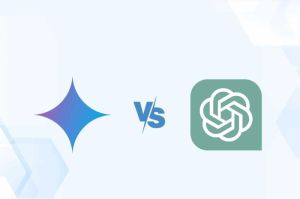 ilustrasi perbandingan ChatGPT dan Gemini dengan ikon AI dan tampilan chatbot