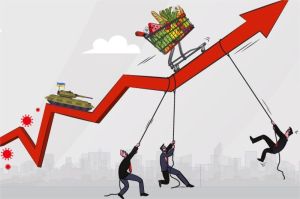 grafik kenaikan harga komoditas dunia dengan peta Indonesia di latar belakang