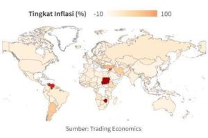 grafik inflasi global menurun dengan latar peta dunia