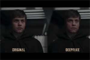 ilustrasi aktor digital deepfake di layar produksi film dan iklan
