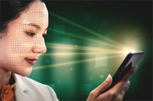 ilustrasi aplikasi AI deteksi penyakit dengan foto wajah pengguna di layar smartphone