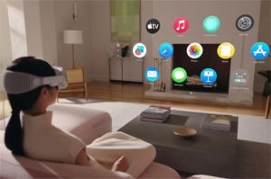 ilustrasi Apple Vision Pro dikenakan oleh pengguna dengan latar campuran dunia nyata dan virtual