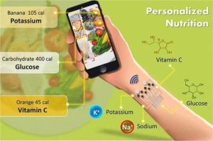 ilustrasi aplikasi pemantau gizi di layar ponsel pintar dengan grafik nutrisi harian