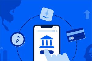 ilustrasi aplikasi bank digital di smartphone dengan latar ikon keuangan digital