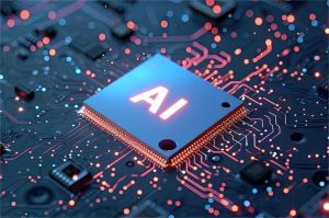 ilustrasi chip AI buatan Indonesia dengan latar merah putih dan papan sirkuit