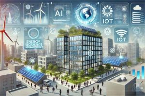 ilustrasi gedung pintar dengan sistem AI mengatur penggunaan energi