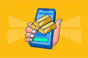 ilustrasi investasi emas digital dengan grafik harga dan smartphone