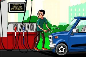 ilustrasi kenaikan harga BBM dengan latar pompa bensin dan kendaraan antri