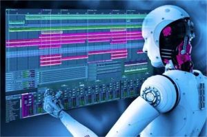 ilustrasi kecerdasan buatan membuat musik dengan tampilan antarmuka digital dan headphone