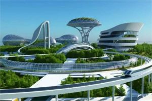 ilustrasi konsep smart city Ibu Kota Nusantara dengan gedung modern dan transportasi listrik