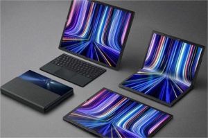 ilustrasi laptop layar fleksibel 17 inci dalam posisi setengah terlipat