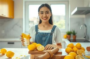 ilustrasi orang sedang mengonsumsi vitamin dan buah segar di dapur dengan pencahayaan alami