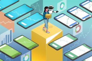 ilustrasi grafik investasi digital dengan gadget dan uang