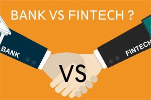 ilustrasi perbandingan layanan fintech dan bank konvensional dengan grafik dan simbol