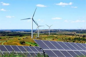 ilustrasi produksi energi hidrogen hijau dengan panel surya dan turbin angin di Kanada