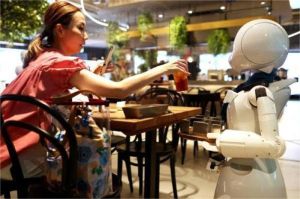 ilustrasi robot humanoid menyajikan makanan di restoran Jepang