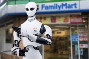 ilustrasi robot kasir melayani pelanggan di toko Jepang dengan sistem otomatis