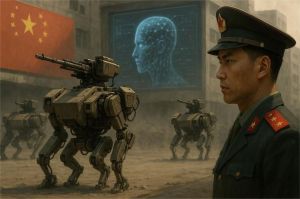 ilustrasi robot militer AI Tiongkok dalam simulasi tempur