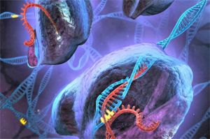 ilustrasi terapi gen dalam pengobatan kanker dengan gambar sel dan DNA