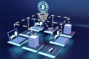 ilustrasi teknologi blockchain dengan jaringan digital dan blok data