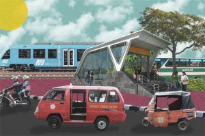 ilustrasi transportasi publik Indonesia seperti MRT dan bus antarkota modern