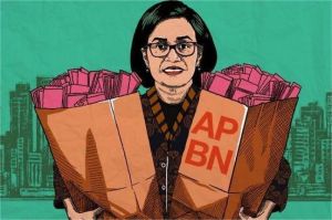 ilustrasi anggaran APBN Indonesia dengan simbol defisit dan uang negara