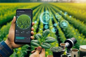 ilustrasi petani memindai daun tanaman dengan kamera ponsel untuk deteksi hama