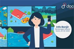 ilustrasi aplikasi ponsel menampilkan deteksi banjir real-time dengan peta interaktif