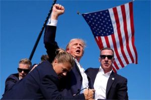 kampanye pemilu presiden amerika serikat 2024 dengan bendera as latar belakang