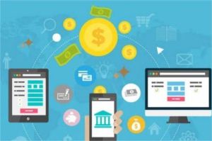 ilustrasi aplikasi fintech di smartphone dengan layanan keuangan digital