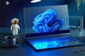 laptop transparan dengan layar bening OLED yang menampilkan tampilan visual tajam